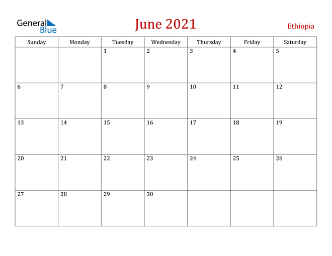 Ethiopia June 2021 Calendar