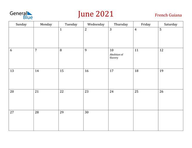 French Guiana June 2021 Calendar