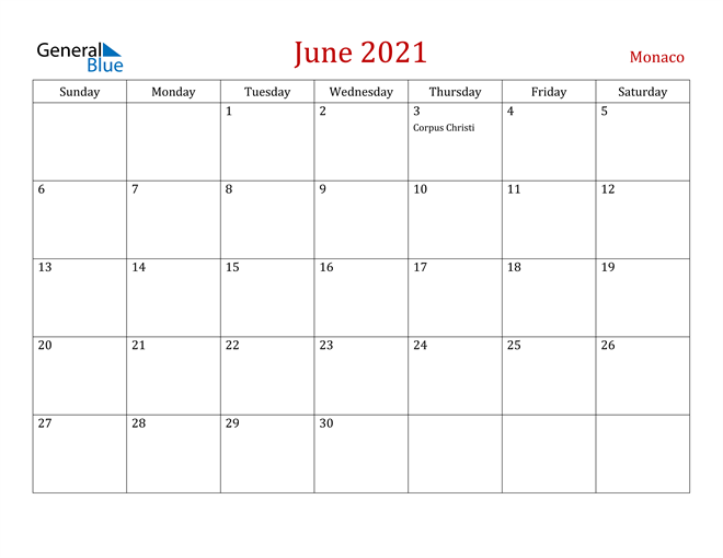 Monaco June 2021 Calendar