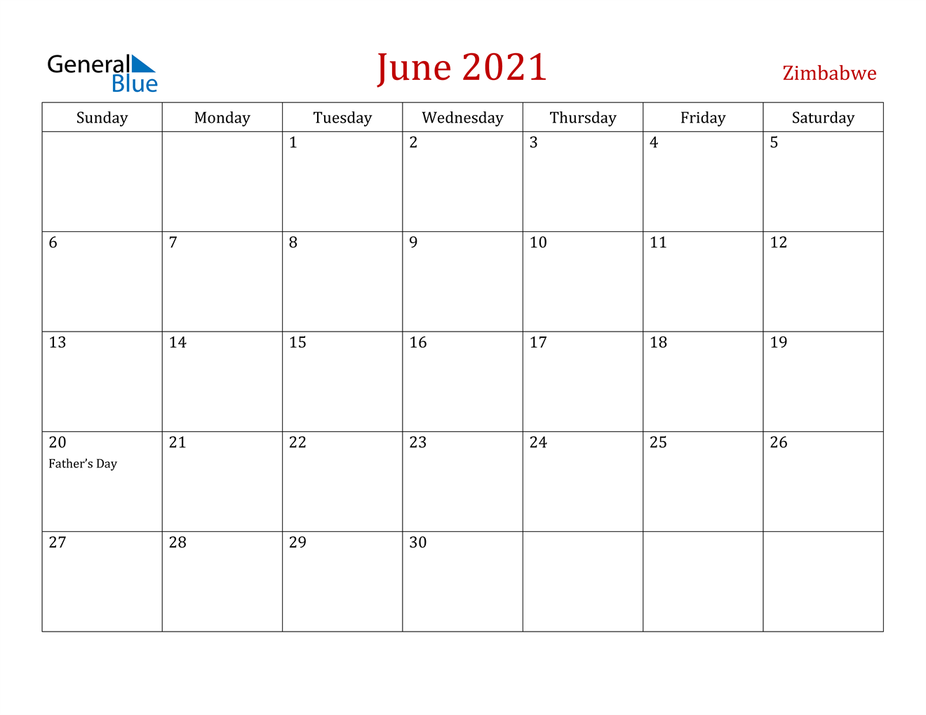 Zimbabwe June 2021 Calendar with Holidays