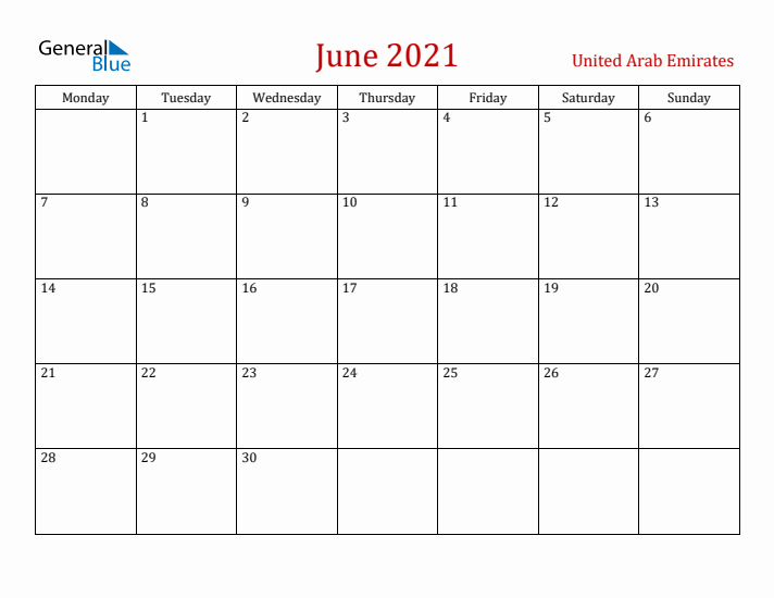 United Arab Emirates June 2021 Calendar - Monday Start