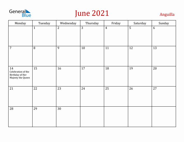 Anguilla June 2021 Calendar - Monday Start