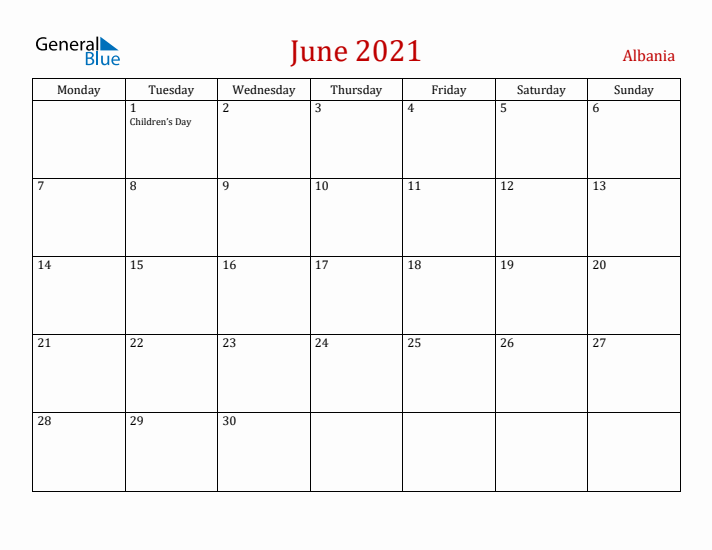 Albania June 2021 Calendar - Monday Start