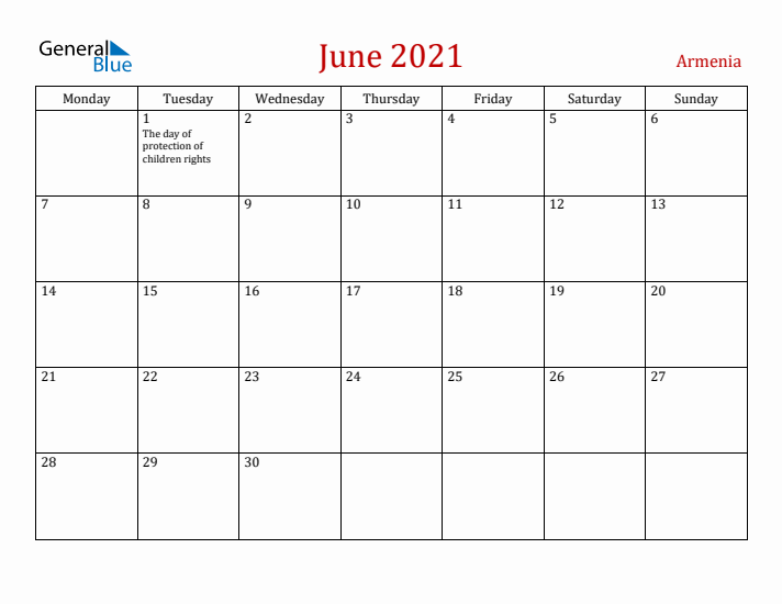 Armenia June 2021 Calendar - Monday Start