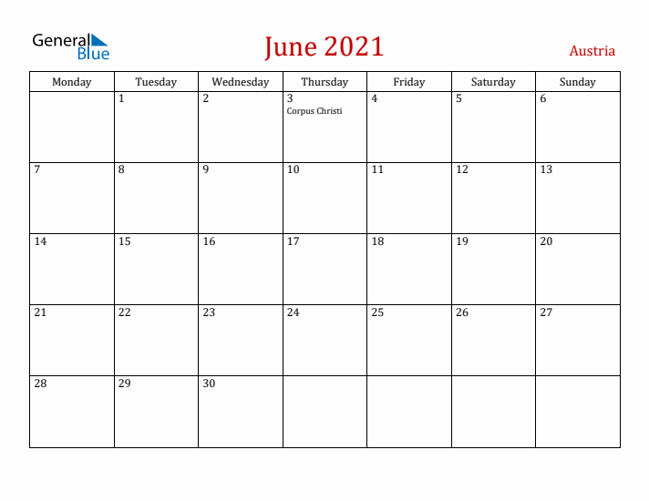 Austria June 2021 Calendar - Monday Start
