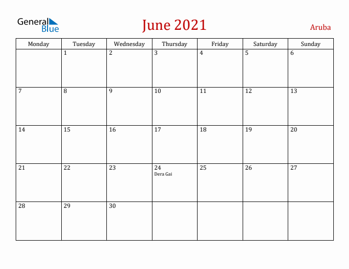 Aruba June 2021 Calendar - Monday Start