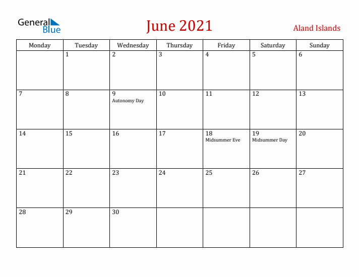Aland Islands June 2021 Calendar - Monday Start