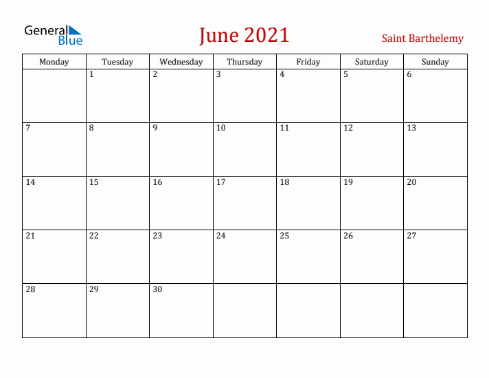 Saint Barthelemy June 2021 Calendar - Monday Start