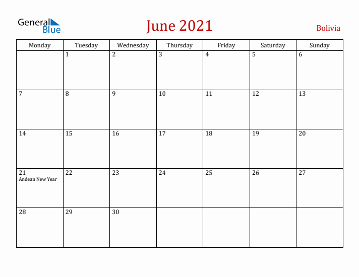 Bolivia June 2021 Calendar - Monday Start