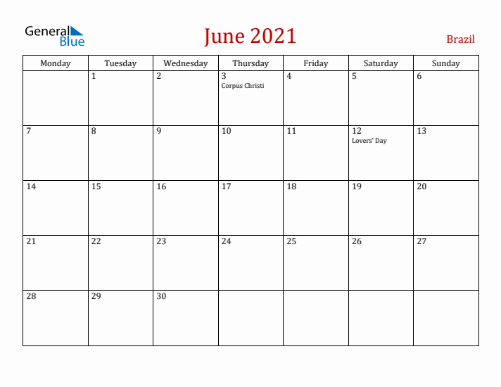Brazil June 2021 Calendar - Monday Start