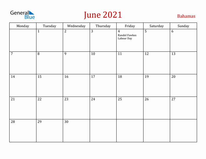 Bahamas June 2021 Calendar - Monday Start