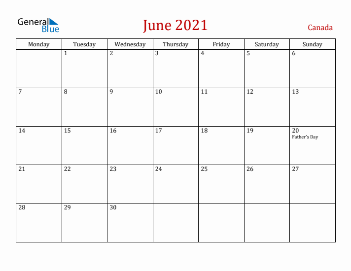 Canada June 2021 Calendar - Monday Start