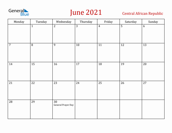 Central African Republic June 2021 Calendar - Monday Start