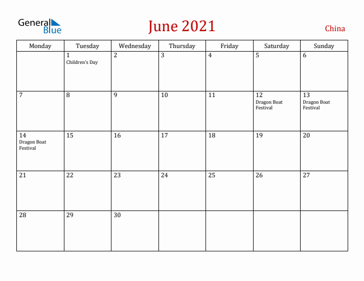 China June 2021 Calendar - Monday Start