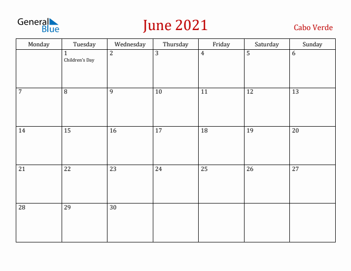 Cabo Verde June 2021 Calendar - Monday Start