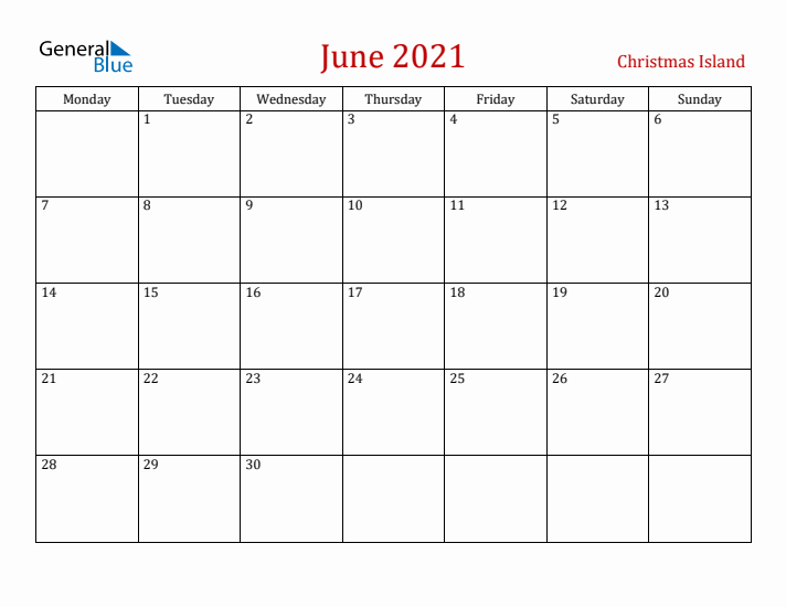 Christmas Island June 2021 Calendar - Monday Start