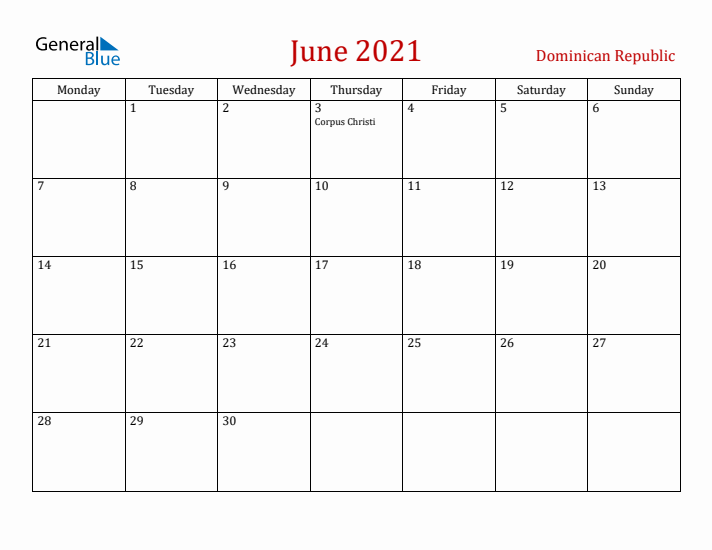 Dominican Republic June 2021 Calendar - Monday Start