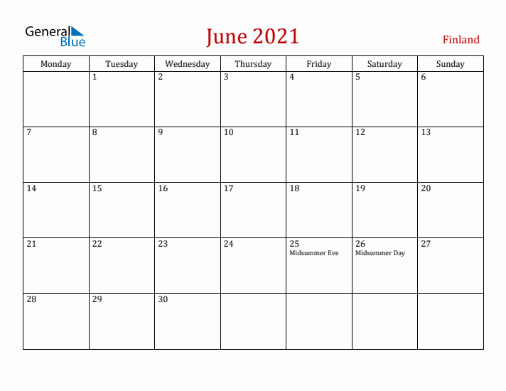 Finland June 2021 Calendar - Monday Start