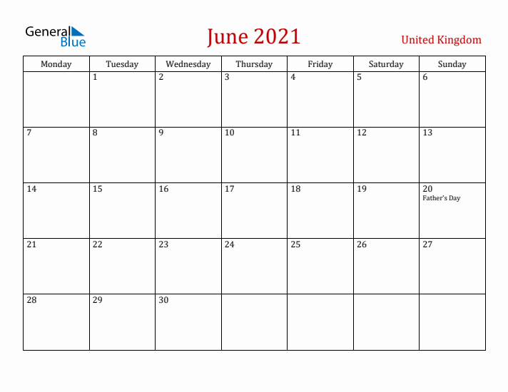 United Kingdom June 2021 Calendar - Monday Start