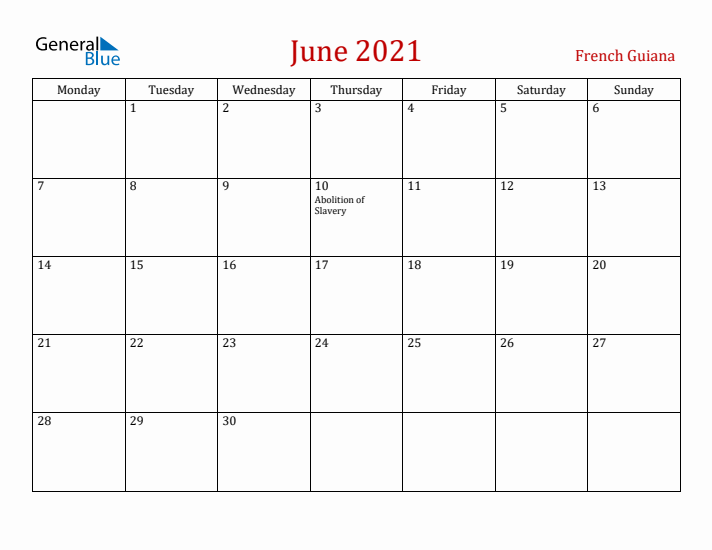 French Guiana June 2021 Calendar - Monday Start