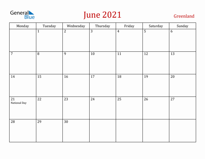 Greenland June 2021 Calendar - Monday Start