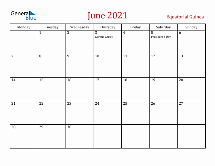 Equatorial Guinea June 2021 Calendar - Monday Start