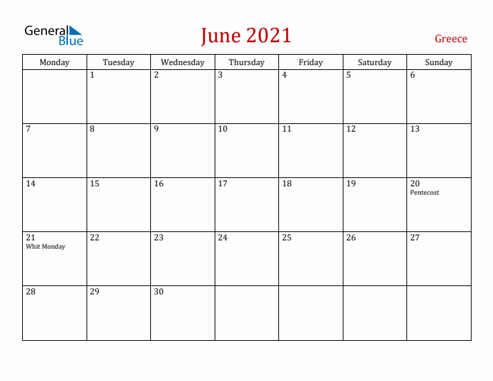 Greece June 2021 Calendar - Monday Start