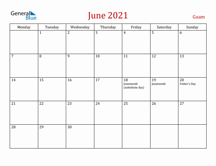 Guam June 2021 Calendar - Monday Start