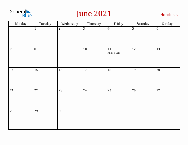 Honduras June 2021 Calendar - Monday Start