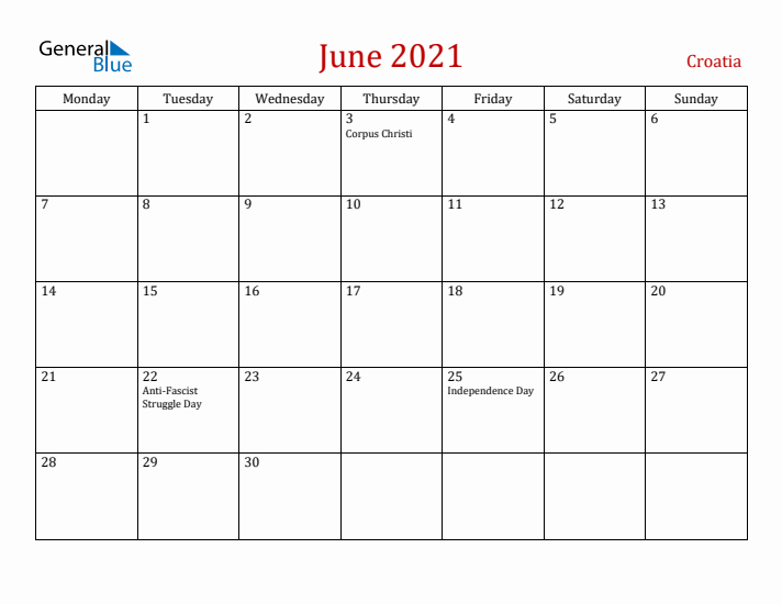 Croatia June 2021 Calendar - Monday Start