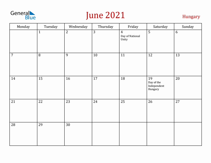Hungary June 2021 Calendar - Monday Start