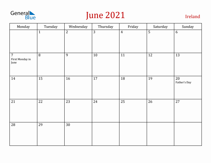 Ireland June 2021 Calendar - Monday Start