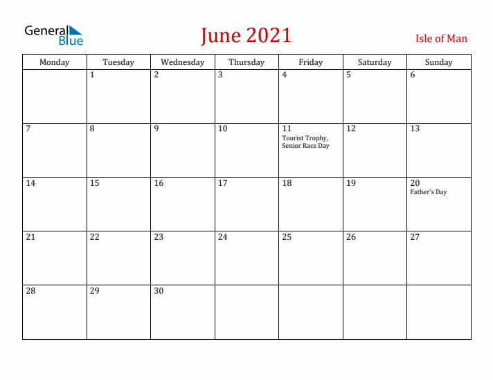 Isle of Man June 2021 Calendar - Monday Start