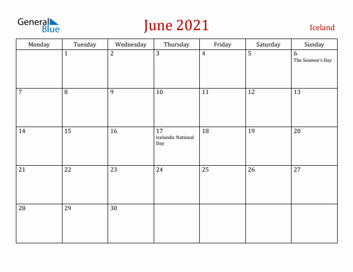 Iceland June 2021 Calendar - Monday Start