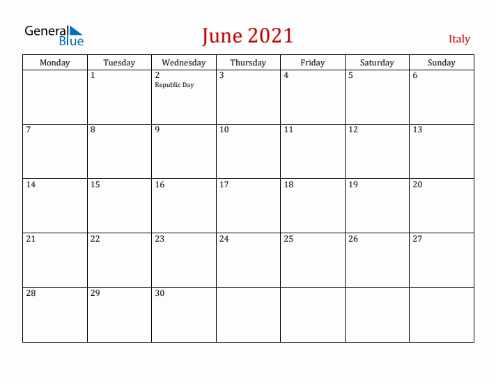 Italy June 2021 Calendar - Monday Start
