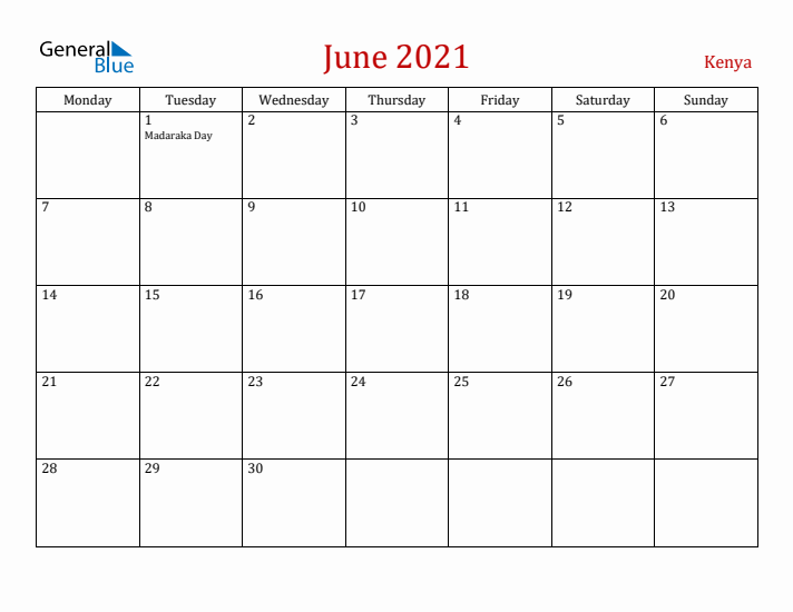 Kenya June 2021 Calendar - Monday Start