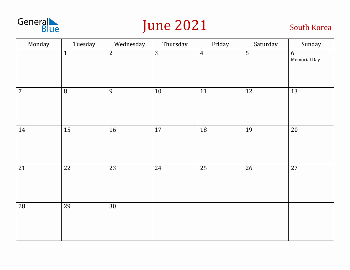 June 2021 South Korea Monthly Calendar With Holidays