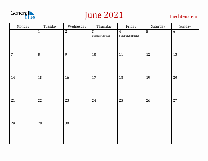 Liechtenstein June 2021 Calendar - Monday Start