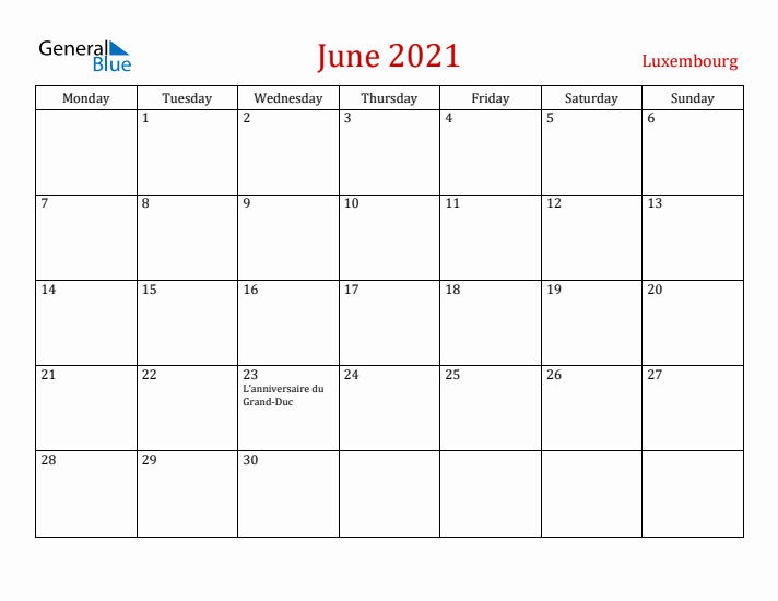 Luxembourg June 2021 Calendar - Monday Start