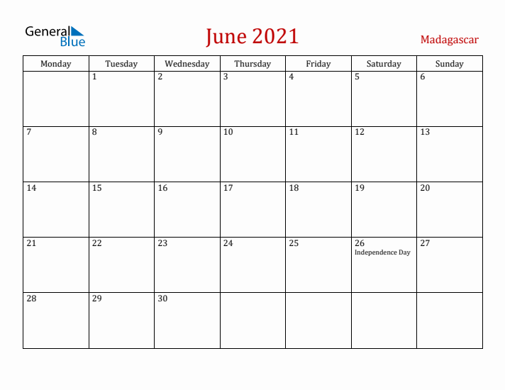 Madagascar June 2021 Calendar - Monday Start