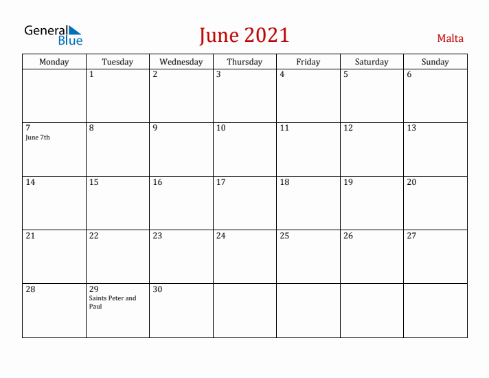 Malta June 2021 Calendar - Monday Start