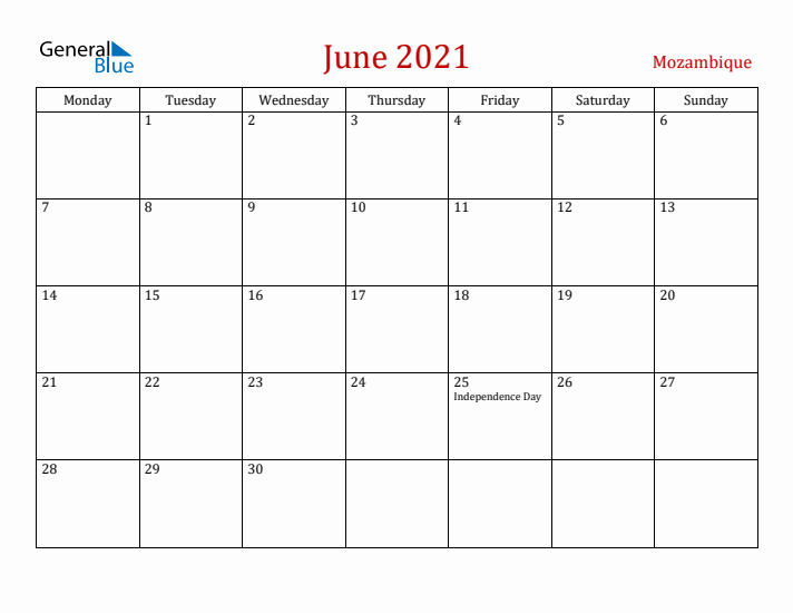 Mozambique June 2021 Calendar - Monday Start