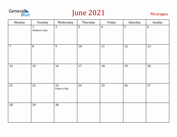 Nicaragua June 2021 Calendar - Monday Start