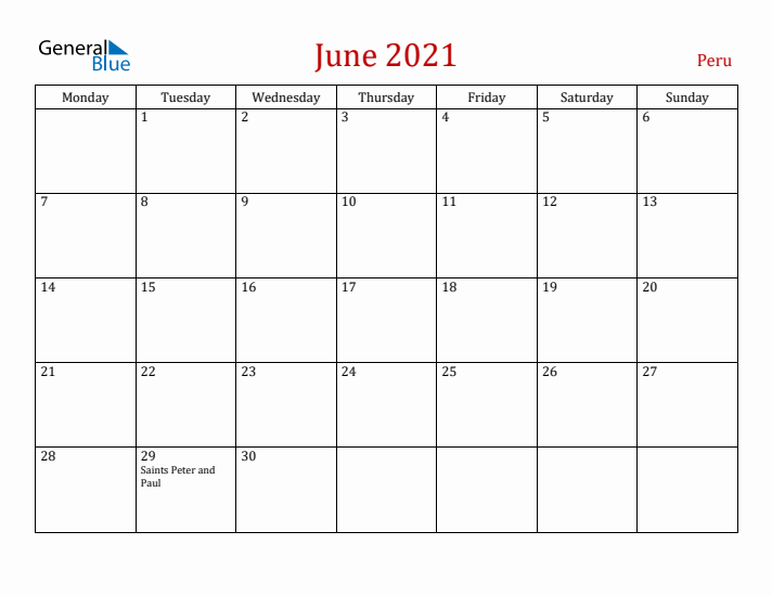 Peru June 2021 Calendar - Monday Start