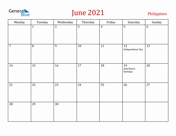 Philippines June 2021 Calendar - Monday Start