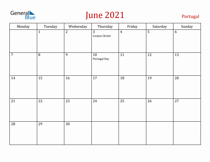 Portugal June 2021 Calendar - Monday Start
