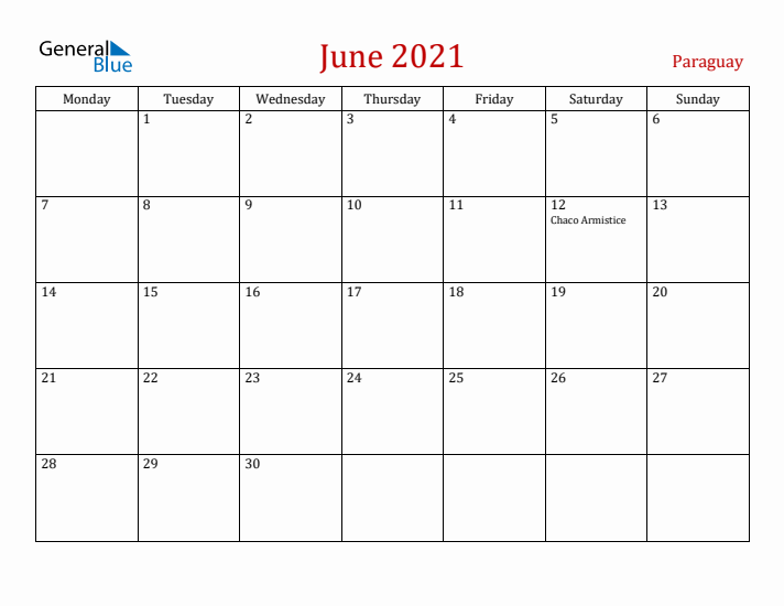 Paraguay June 2021 Calendar - Monday Start