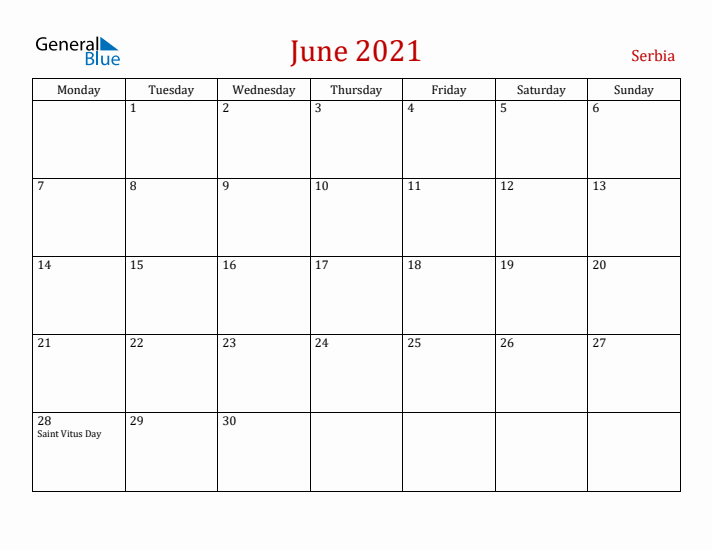 Serbia June 2021 Calendar - Monday Start
