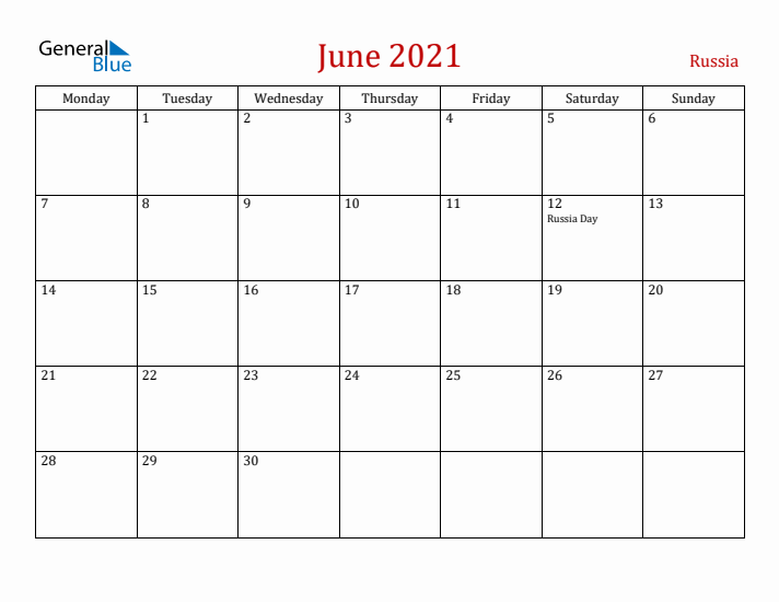 Russia June 2021 Calendar - Monday Start