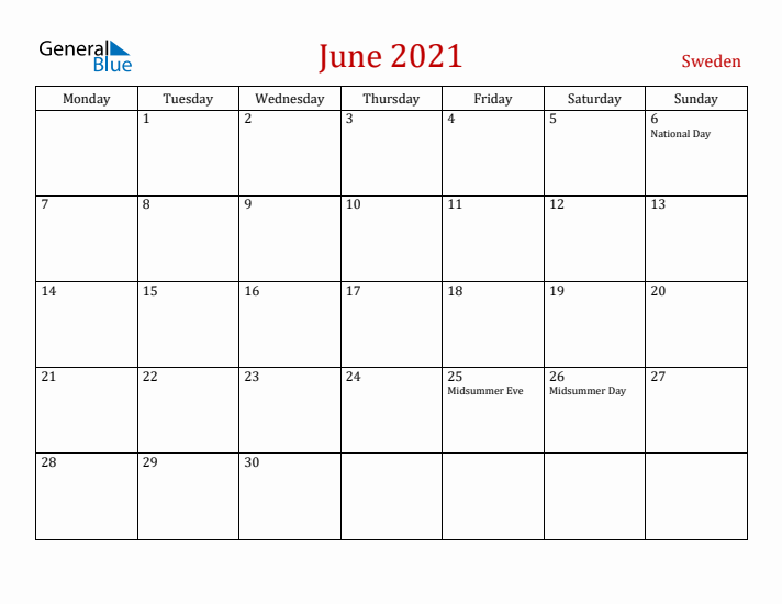 Sweden June 2021 Calendar - Monday Start